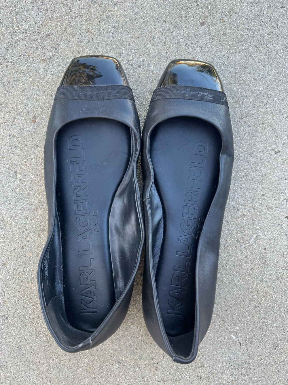 Karl Lagerfeld Black Leather Ballet Flats with Patent Square Toe Size 8.